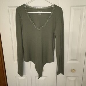 American Eagle Long Sleeve Bodysuit Lace‎ Trim V Neck Size XL Ribbed Olive Green